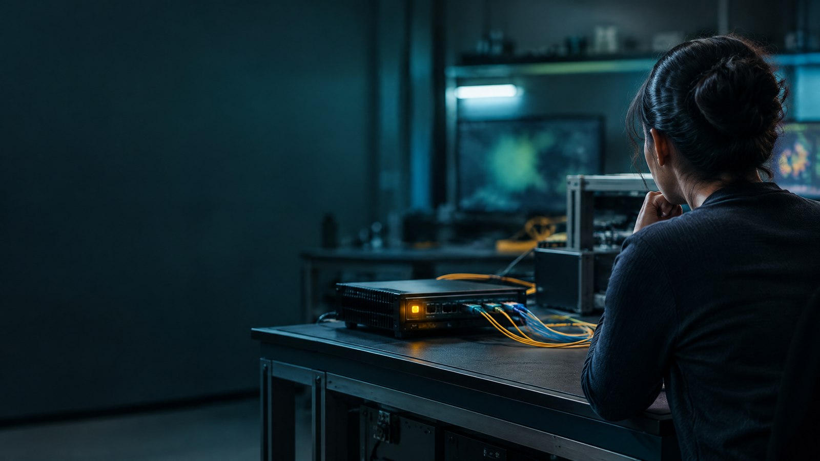 Security analyst studies an isolated network gateway in a dark research lab; conceptual editorial image with no text