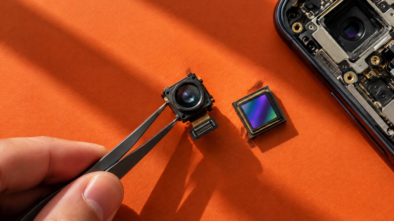 A hand holds an unbranded phone camera module over an orange work mat beside a separate image sensor and opened phone chassis
