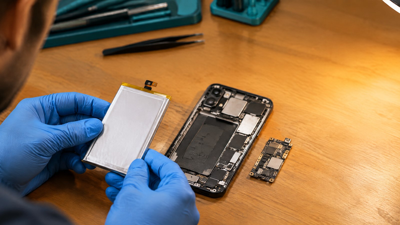 A gloved electronics technician holds an intact silver phone battery beside an opened unbranded smartphone on a warm workbench
