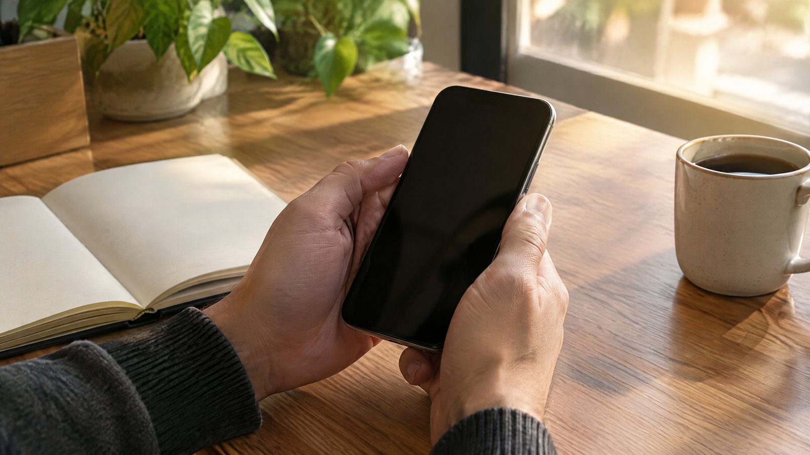 A person holds a dark-screen smartphone over a blank notebook beside a cup in daylight