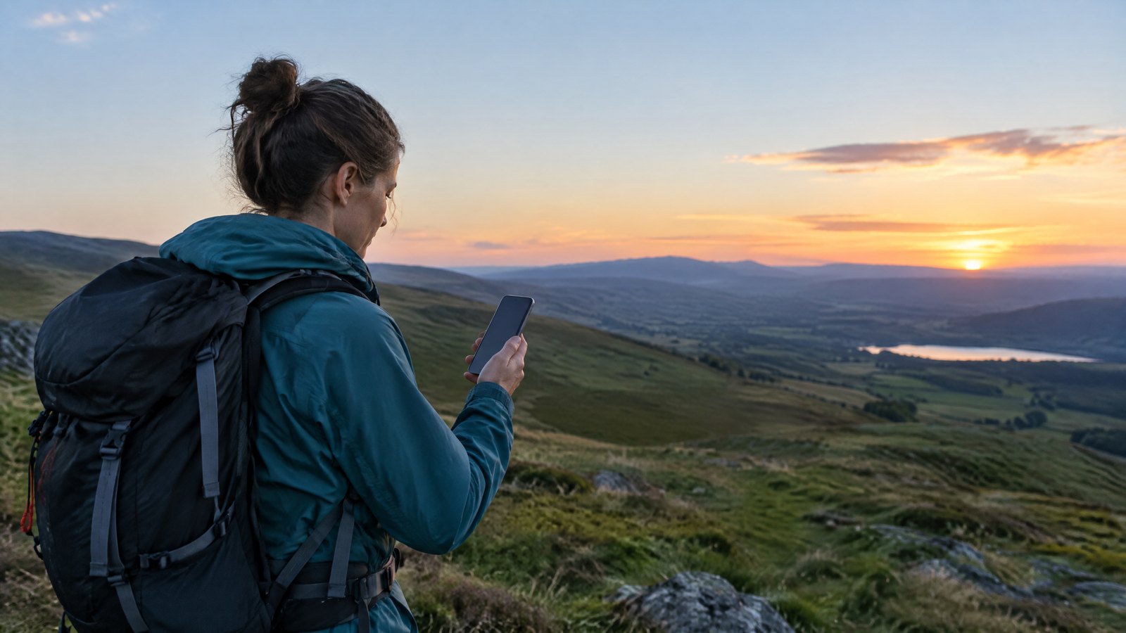 A traveller with a backpack looks at an unbranded phone on an open hillside at sunset