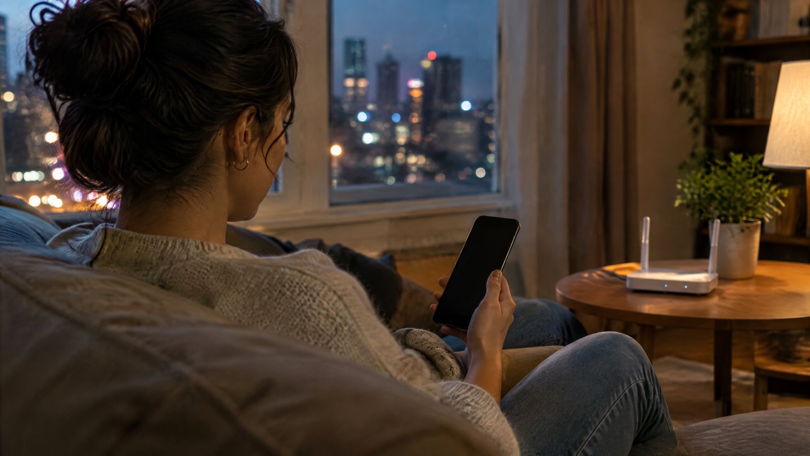 A woman holds a dark-screen phone beside a home Wi-Fi router while looking out at a city at dusk