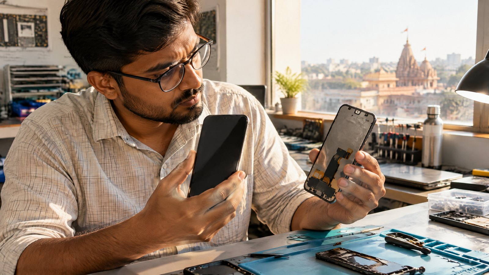 A person compares two unbranded smartphones at a daylight electronics workbench beside small components and tools