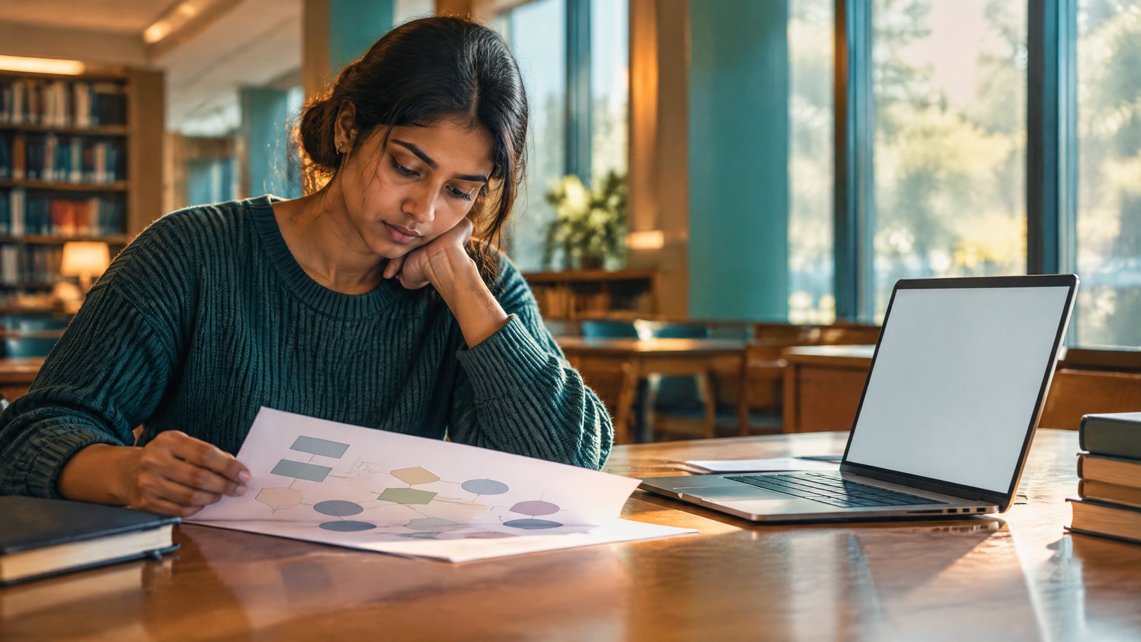A researcher reviews blank paper drafts at a library table beside an unbranded laptop.