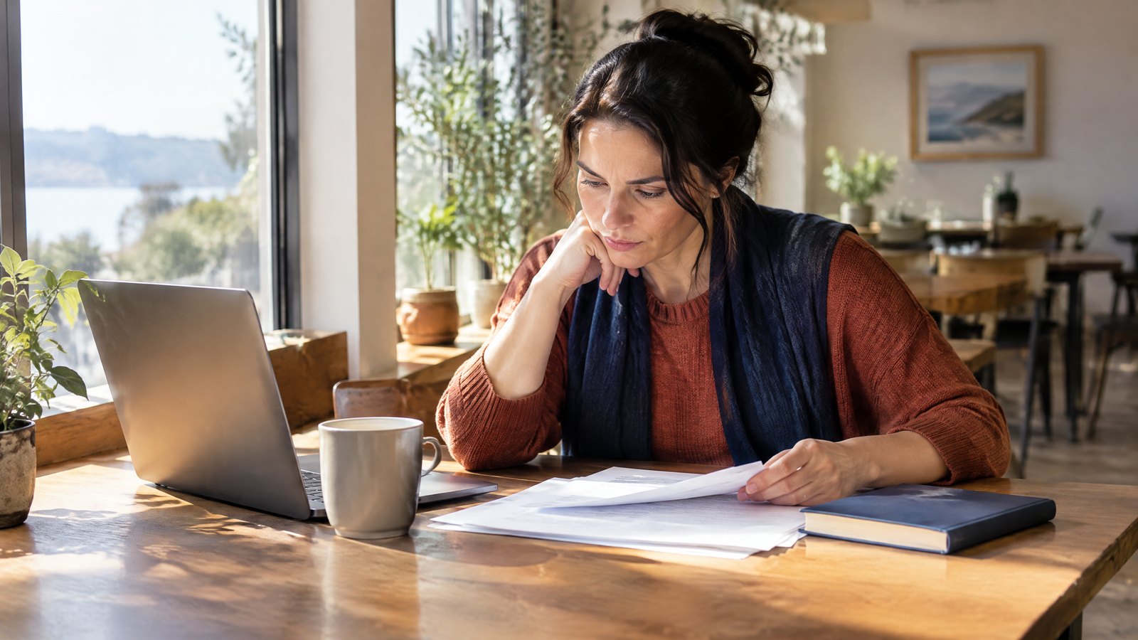 An analyst reflects on paper notes at a quiet cafe table in natural daylight.