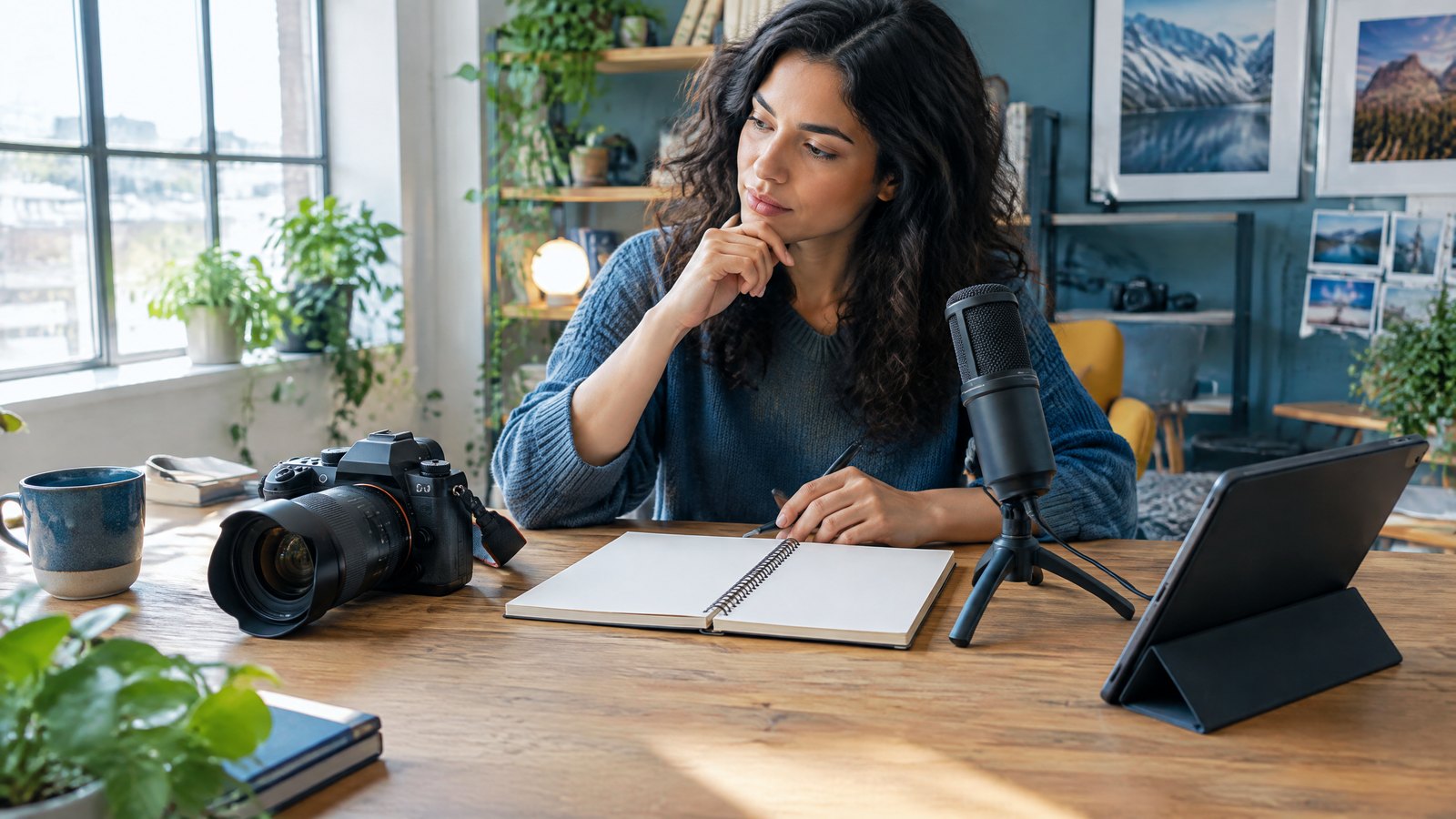 A creator reviews a camera and microphone on a bright studio desk.