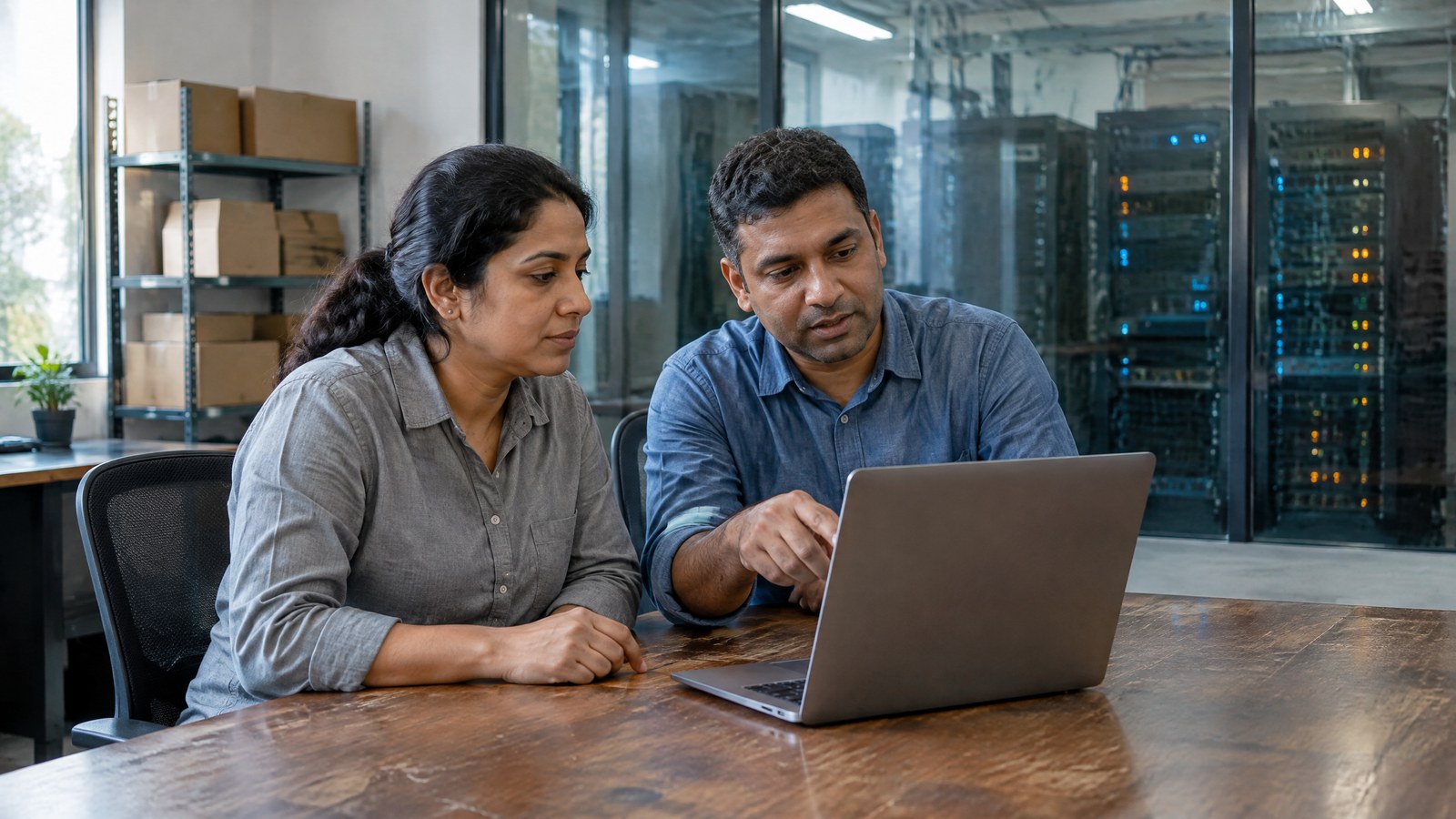 A small-business owner and IT colleague review an unbranded laptop at a wooden desk beside a glass-fronted server-equipment room; conceptual editorial image