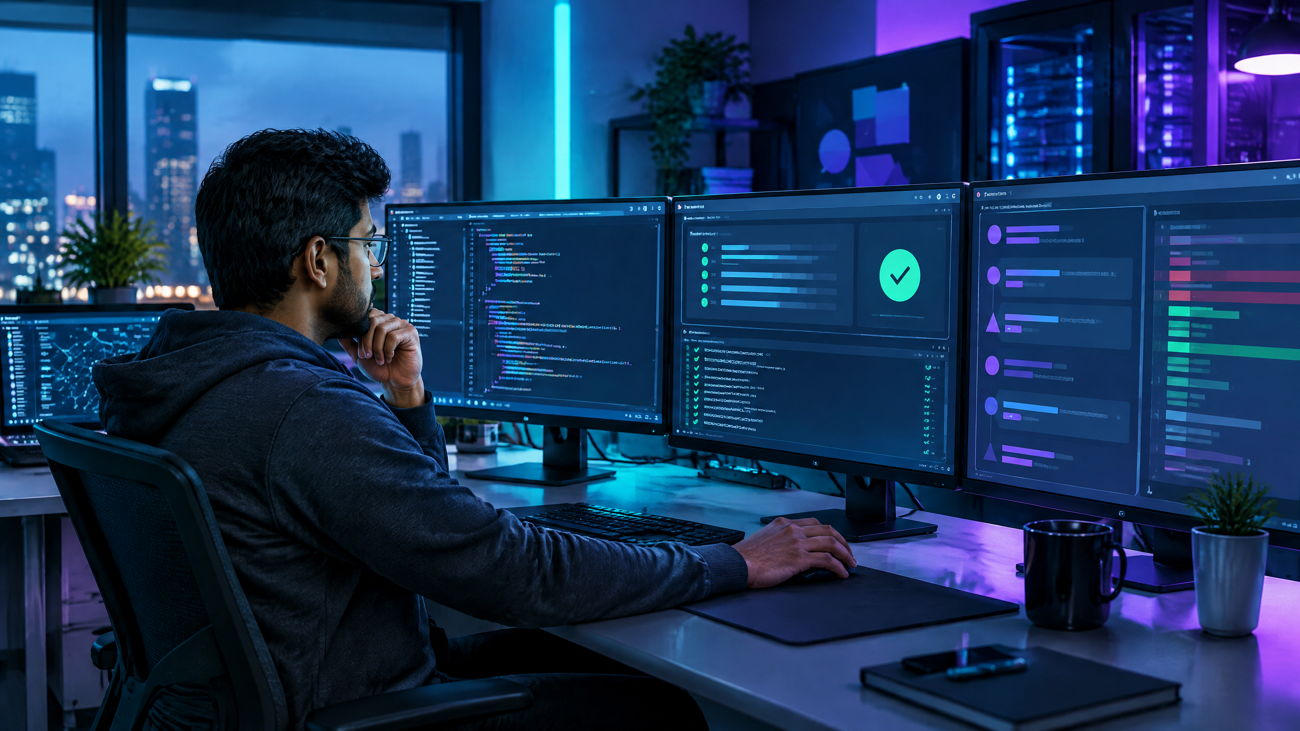 Editorial technology scene illustrating AI-Native Software Development: Coding Agents, Testing and Developer Risk.