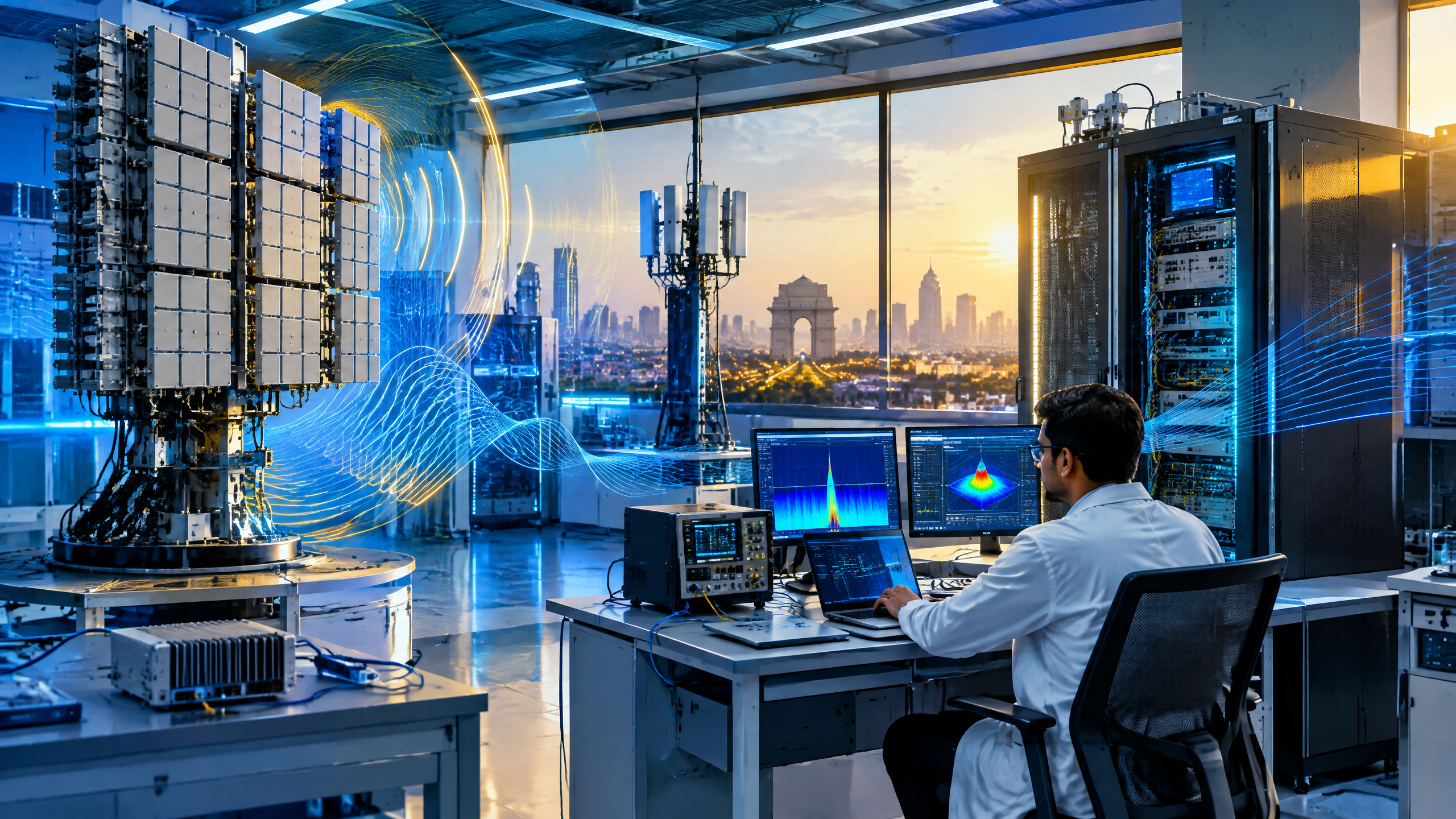 Editorial technology scene illustrating 6G Technology Explained: Intelligent RAN, AI Networks and India’s Roadmap.