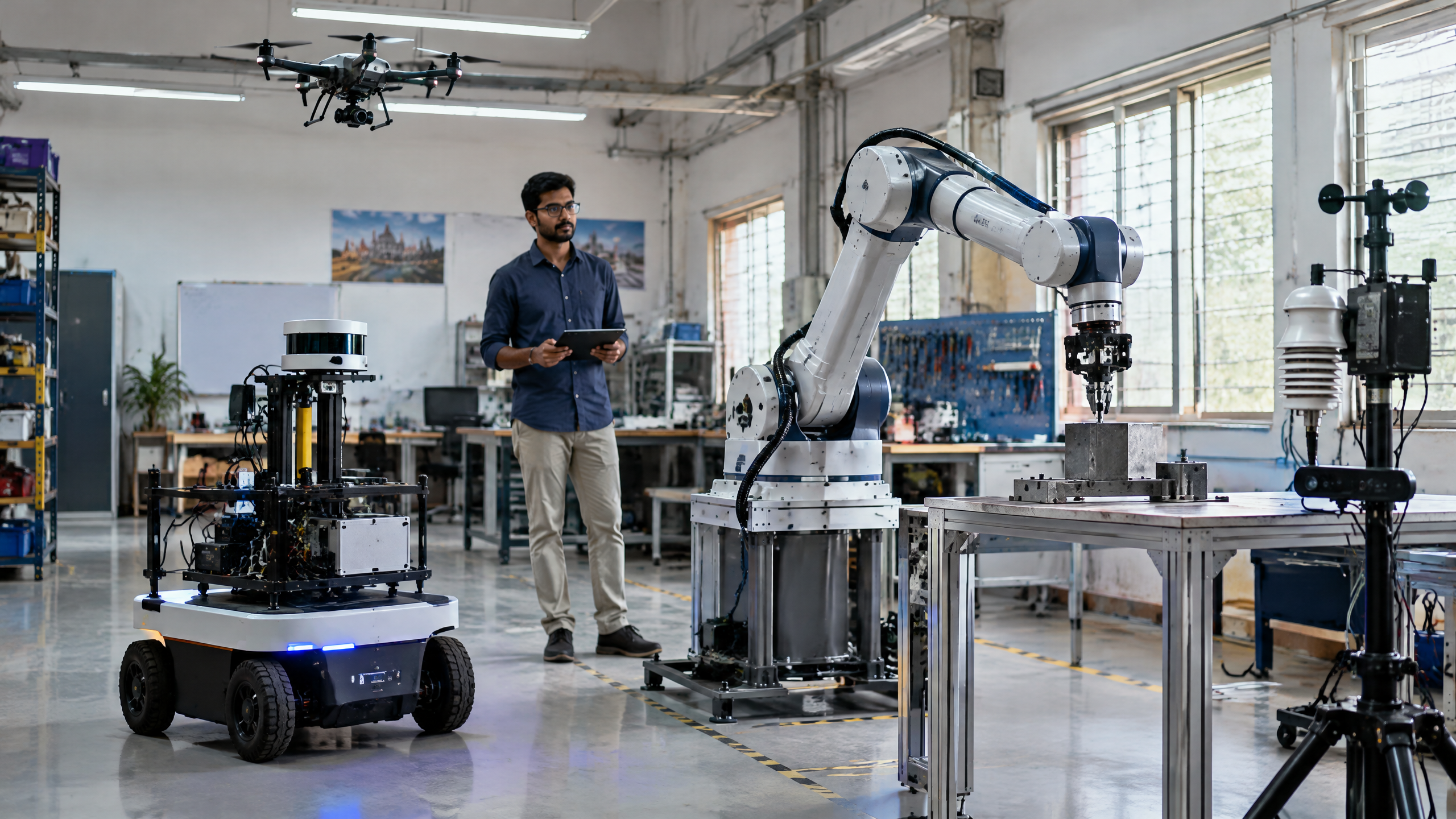 Editorial technology scene illustrating Physical AI Explained: Robots, Drones, Sensors and Real-World Intelligence.