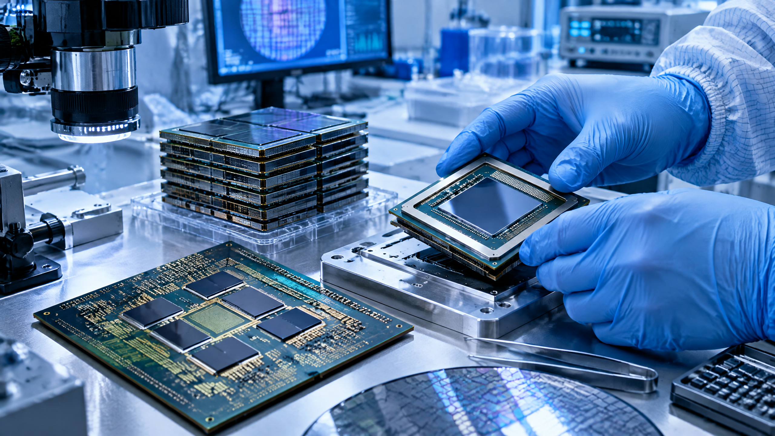 Editorial technology scene illustrating AI Chips Explained: Chiplets, HBM, Packaging and Inference Hardware.