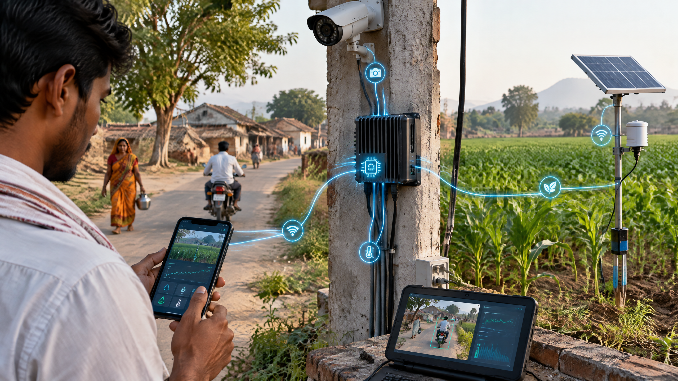 Editorial technology scene illustrating Edge AI Explained: Why Some AI Runs on Phones, Cameras and Sensors.