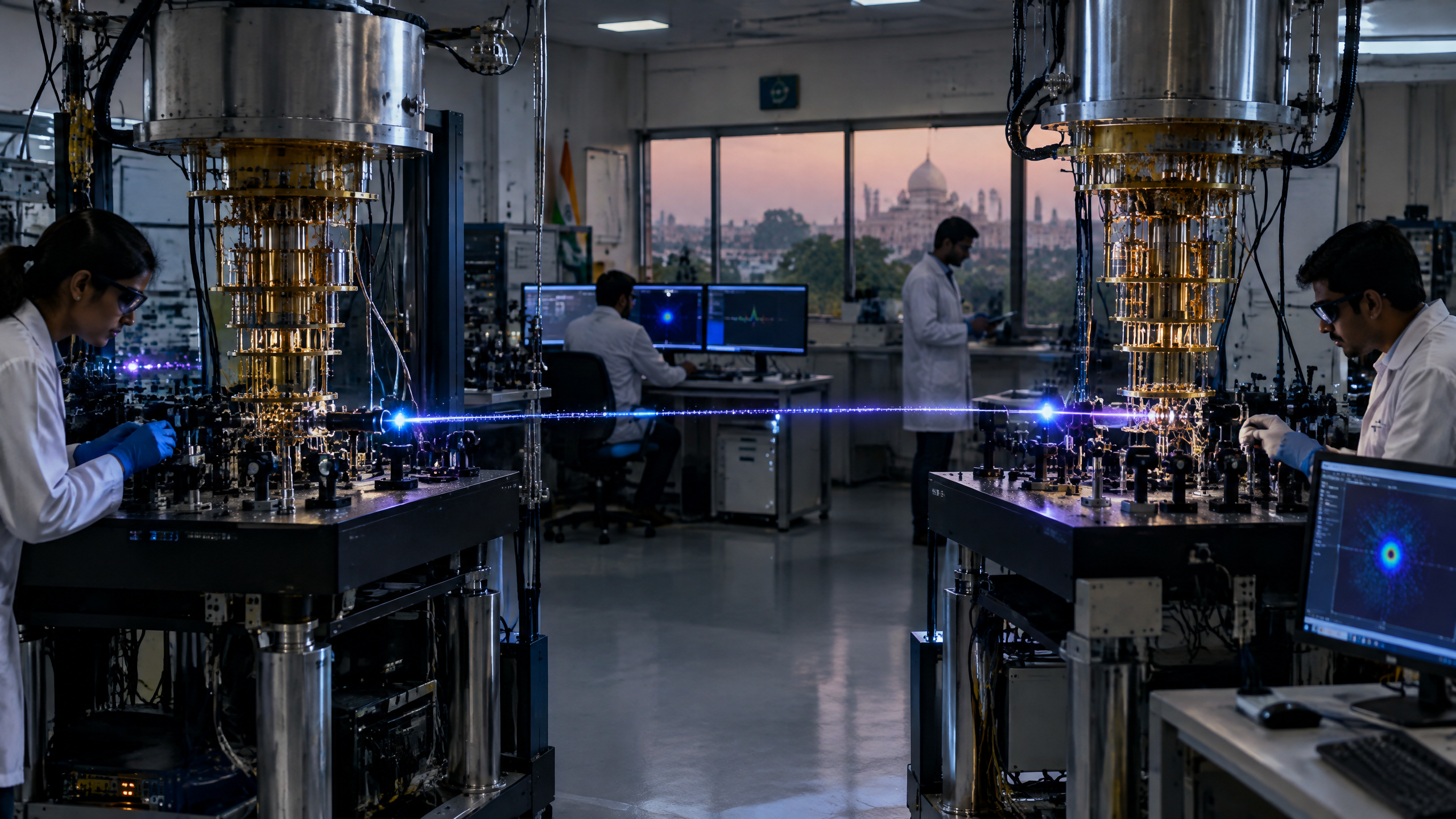 Editorial technology scene illustrating Quantum Communication Explained: QKD, Post-Quantum Security and Real Limits.