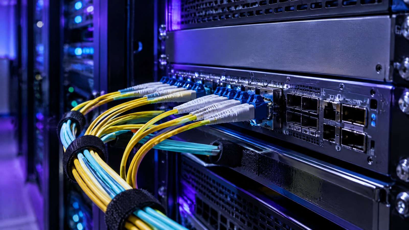 AI-generated editorial illustration of network equipment, not an actual IonQ or Elisity facility.