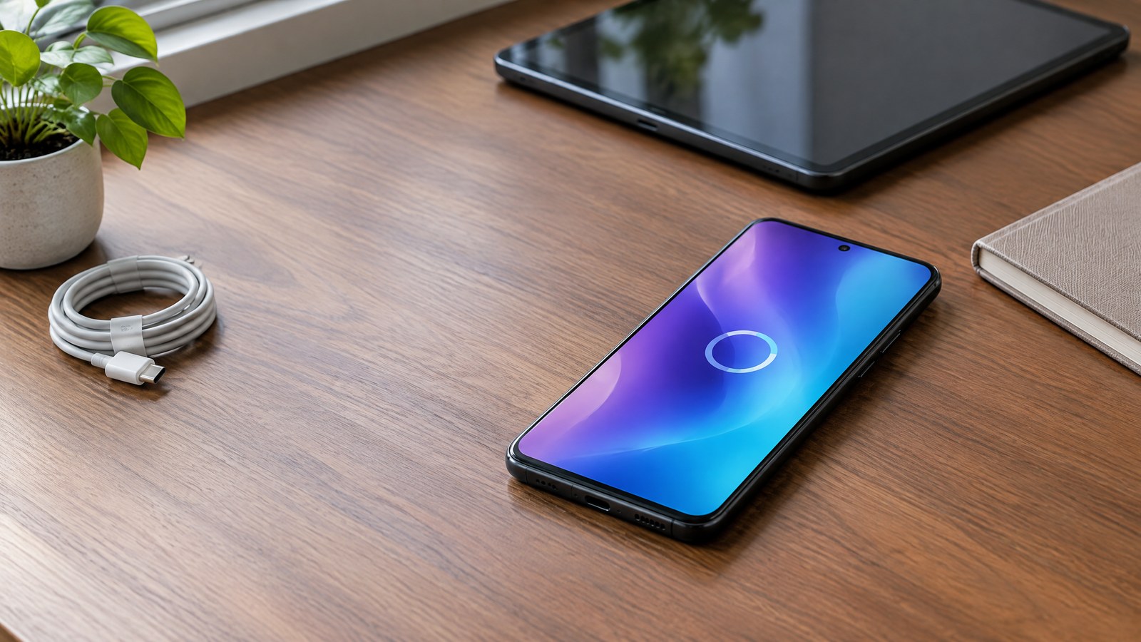 AI-generated illustration of a generic unbranded smartphone with an abstract update ring, a tablet and charging cable on a desk; not a real OnePlus device or screenshot.
