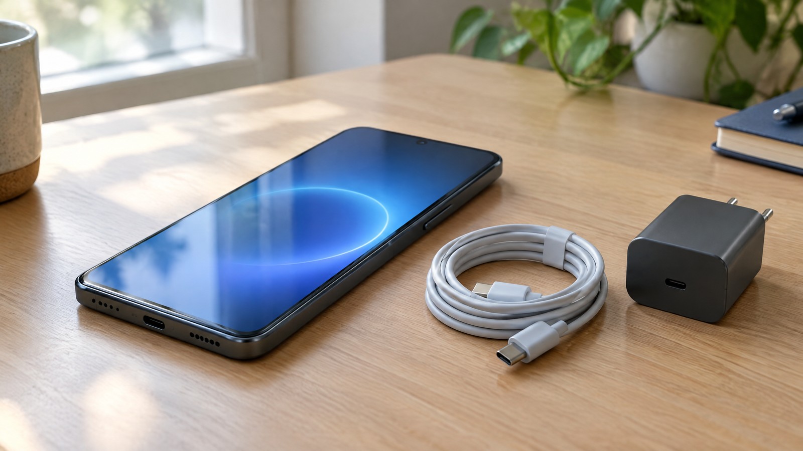 AI-generated illustration of a generic unbranded smartphone with a blue abstract screen beside a cable and charger; not a real Galaxy S23 or One UI screenshot.