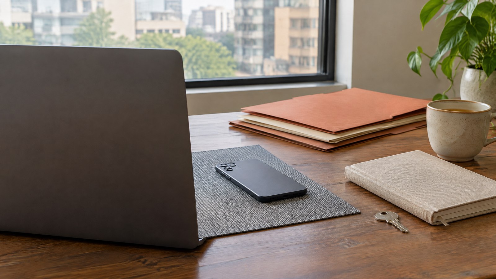 AI-generated editorial illustration of an unbranded laptop, phone, folders and a physical key in a small-business planning workspace; not a Claude Duet screenshot or real user photograph.