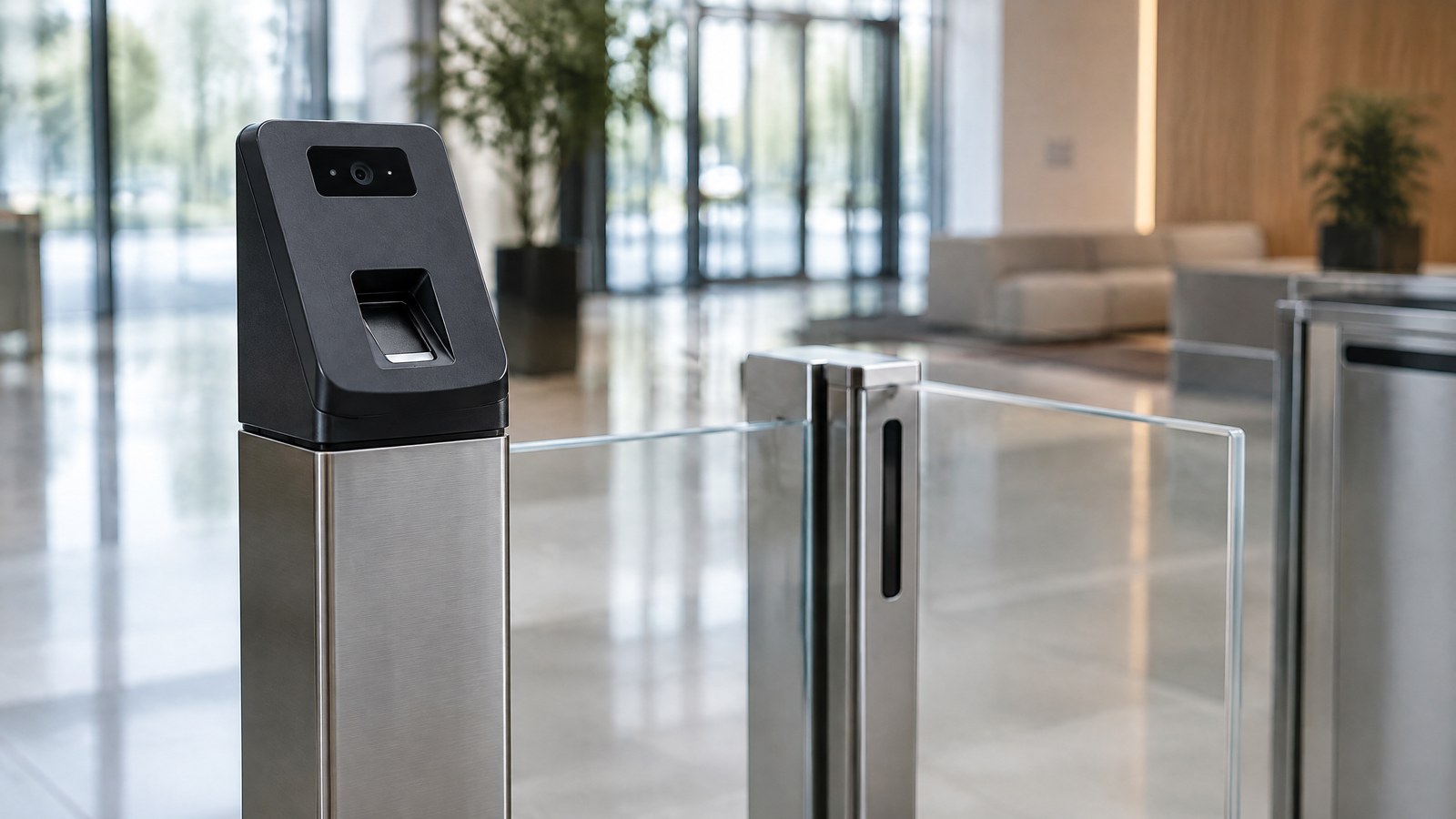 AI-generated generic illustration of a biometric access-control device at an office entrance, not a tested product or real identity-verification event.