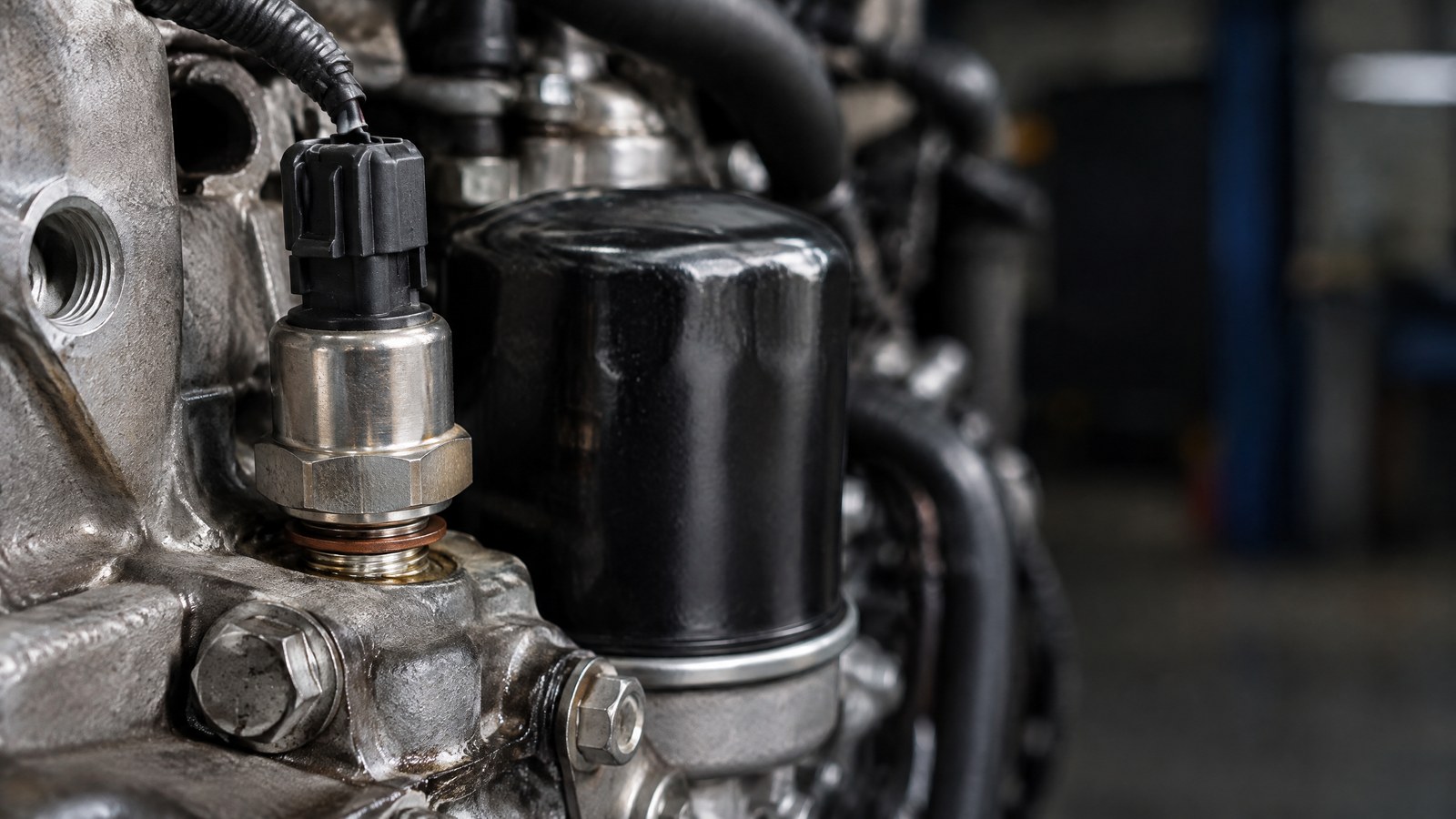 AI-generated generic illustration of an oil pressure sensor on engine-lubrication hardware, not a tested product photograph.