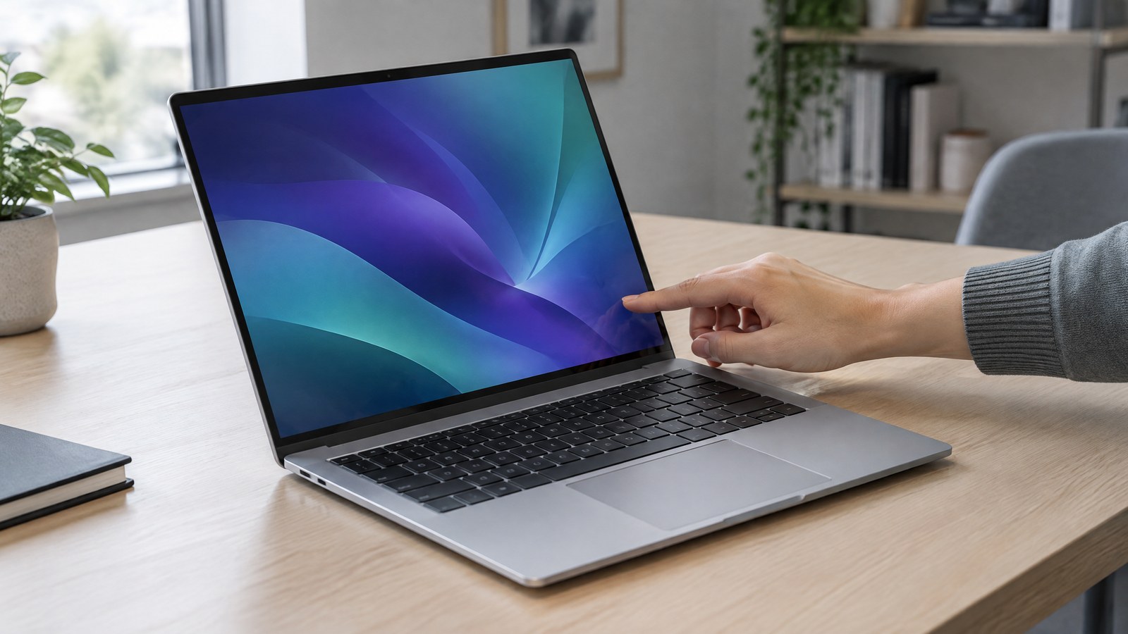 AI-generated illustration of a hand touching an unbranded silver laptop screen with an abstract wallpaper.