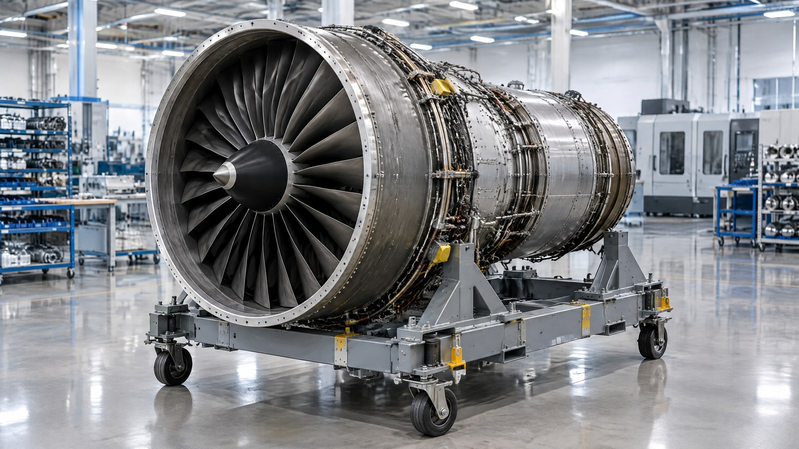 AI-generated illustration of a generic civil turbofan engine on a wheeled assembly cradle in a bright aerospace factory.