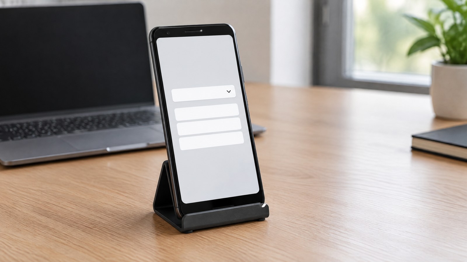AI-generated illustration of an unbranded smartphone with an abstract dropdown-style interface on a development desk.