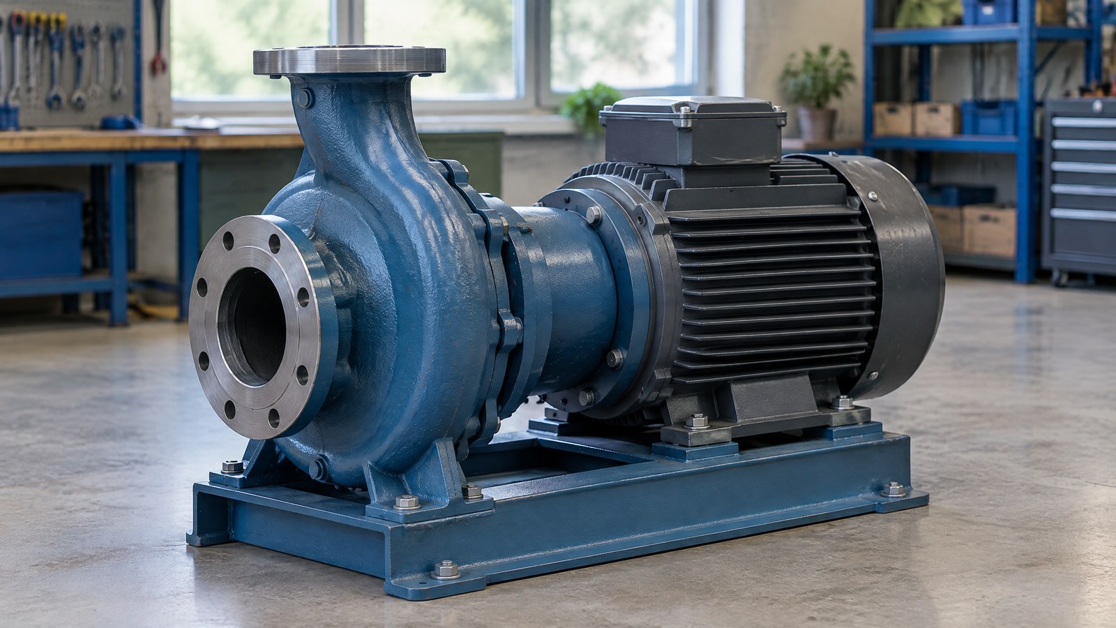 AI-generated illustration of a blue centrifugal water pump with a dark electric motor, axial inlet and upper discharge flange in a workshop.