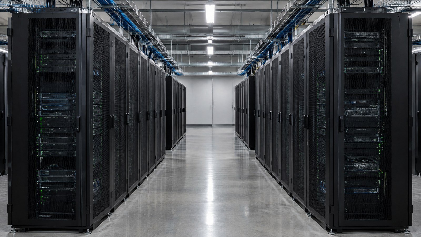 AI-generated illustration of enclosed black server racks arranged around a clear aisle in a modern data-centre hall.
