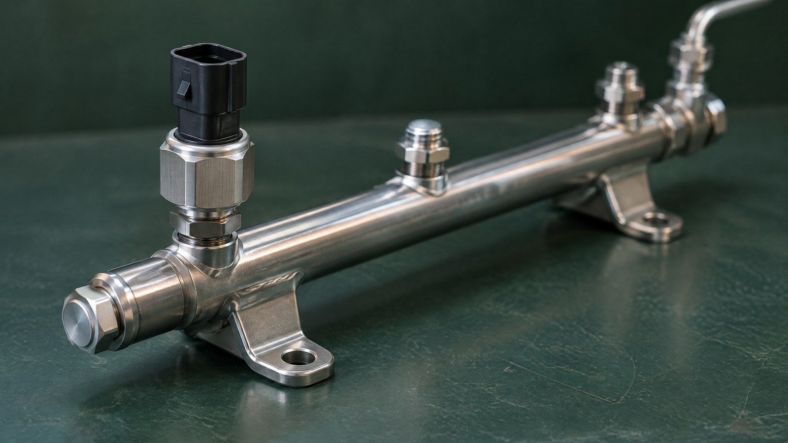 AI-generated generic illustration of high-pressure fuel-rail hardware in an engine-bay setting, not a tested product photograph.