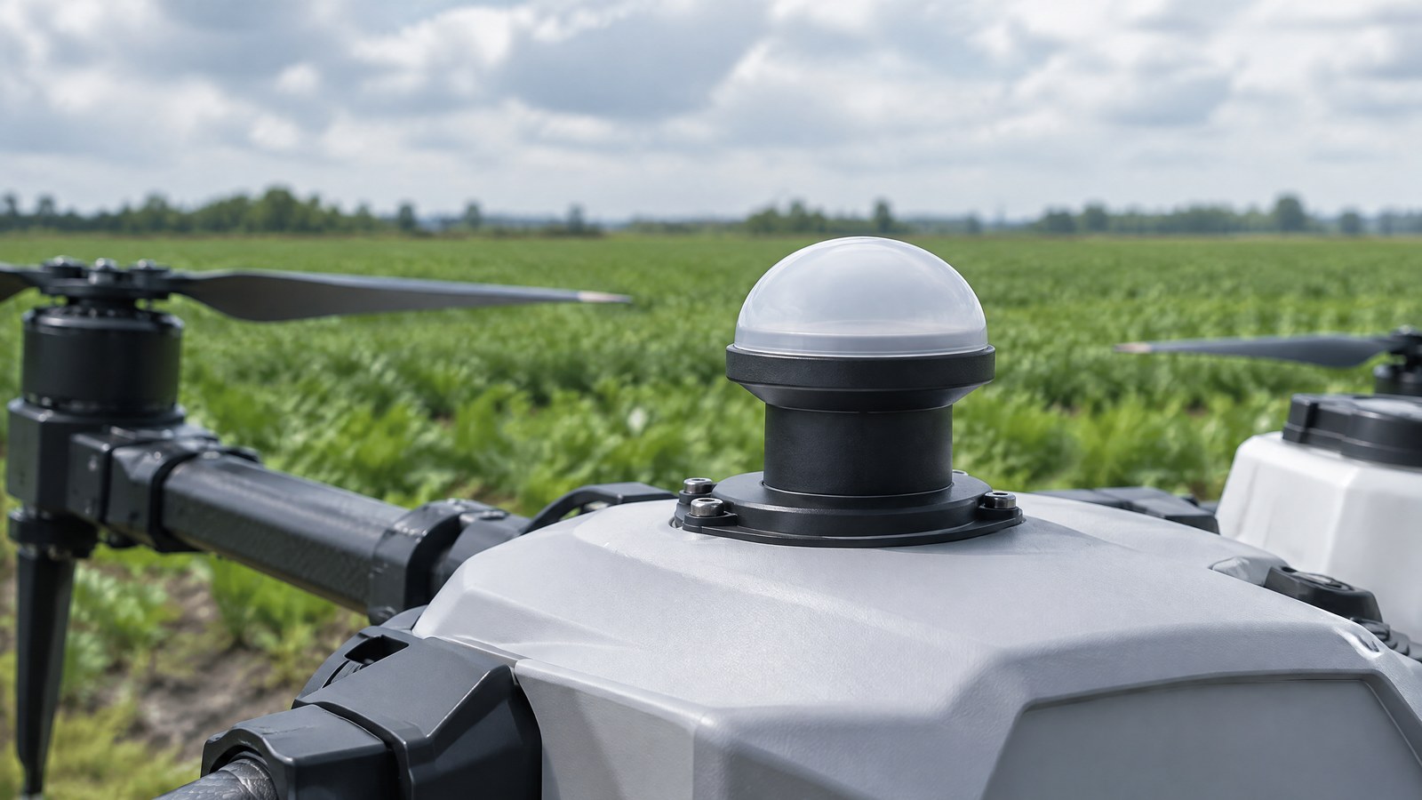 AI-generated illustration of a generic civilian drone with a dome-shaped upward-looking sensor above a green field under cloudy skies.