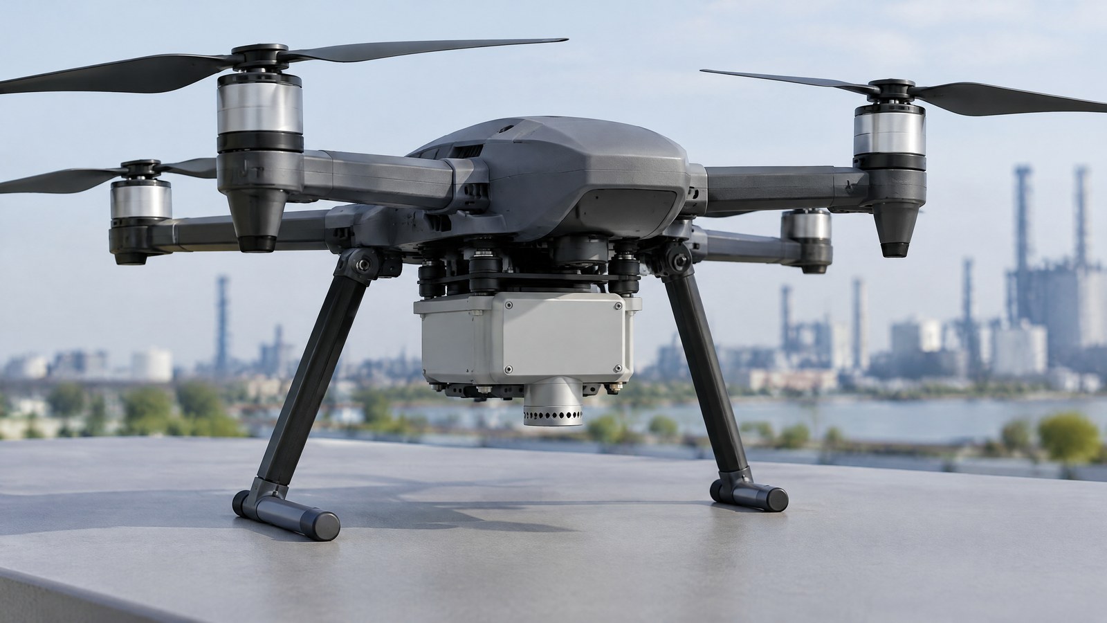 AI-generated illustration of a generic civilian drone carrying an air-emissions gas-sensing payload in an industrial outdoor setting; not a real inspection or named product.