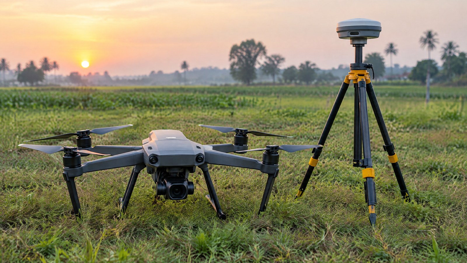 AI-generated editorial illustration of generic civilian drone hardware for GNSS and RTK education; not a named product or an actual inspection.
