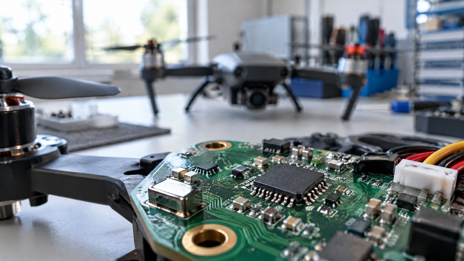 AI-generated editorial illustration of a generic civilian drone circuit board and aircraft in a workshop, not a named product or real inspection.