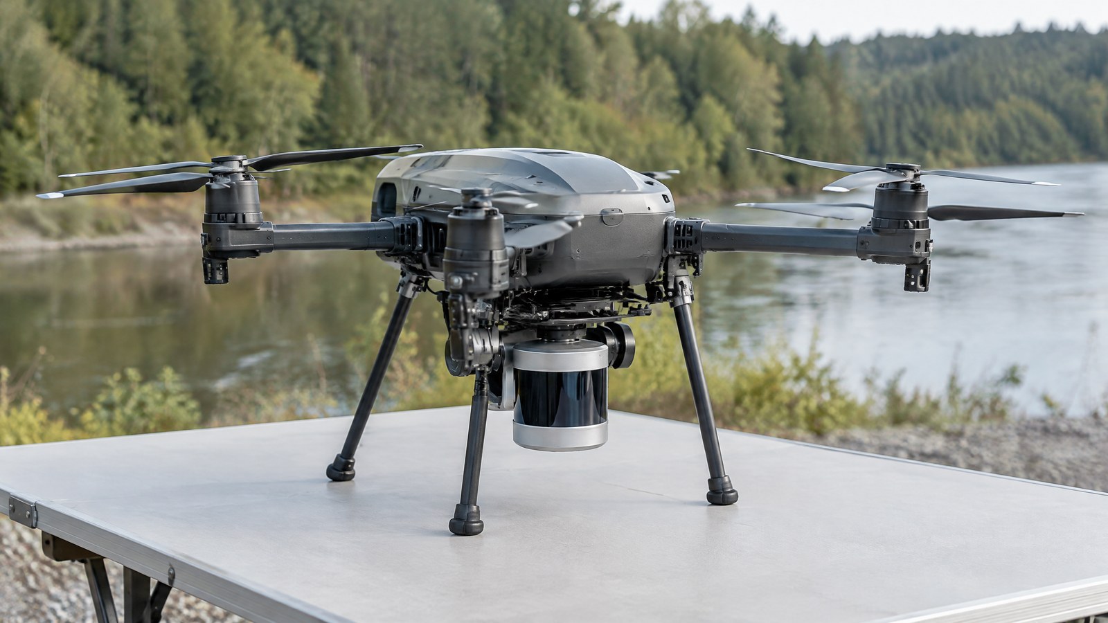 AI-generated illustration of a generic civilian drone with a LiDAR-like mapping payload near water and trees; not a named product or actual inspection.
