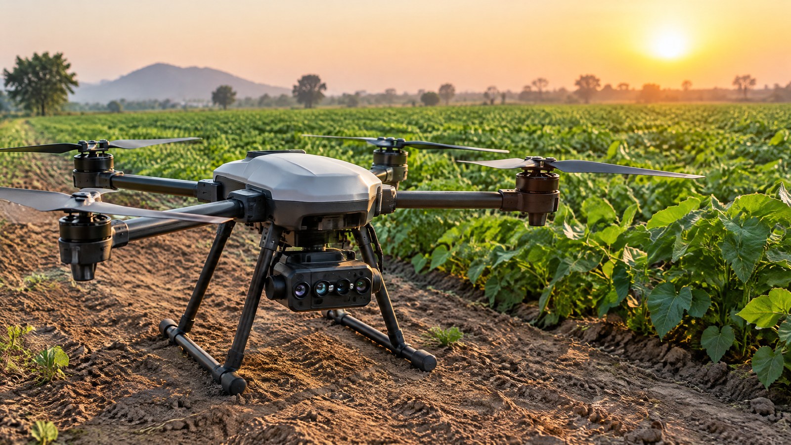 AI-generated editorial illustration of a generic civilian drone over crops with a multispectral camera; not a named product or an actual field inspection.