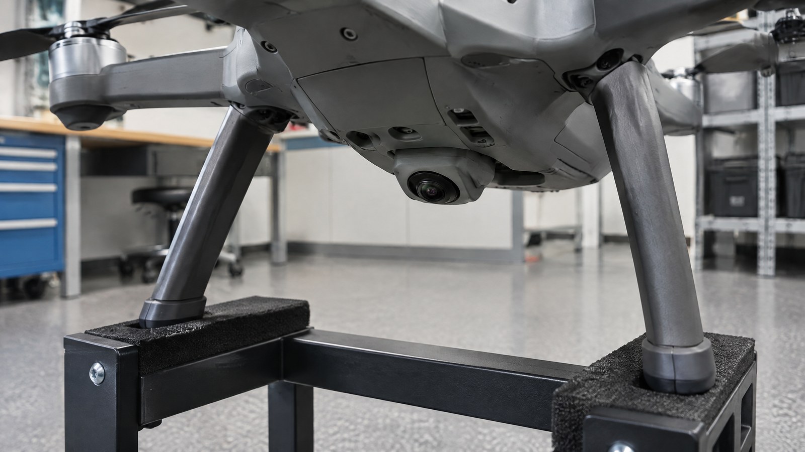 AI-generated illustration of a generic civilian drone above a textured indoor floor; not a named product or actual inspection.