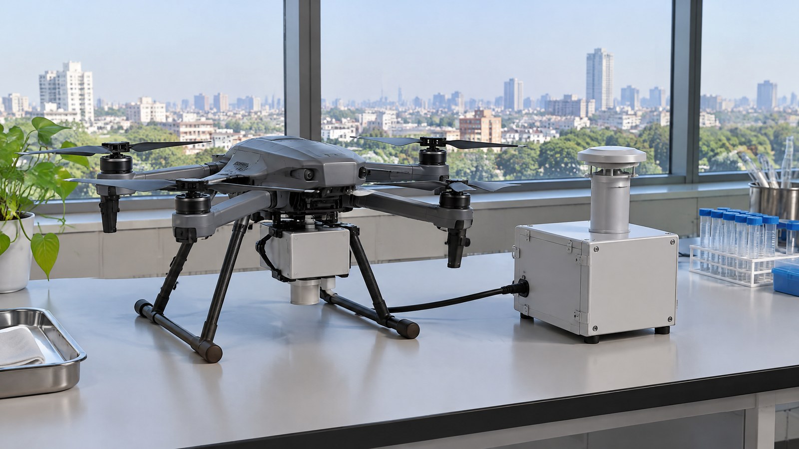 AI-generated editorial illustration of a generic civilian drone carrying an air-quality sensing payload; not a named product or actual inspection.