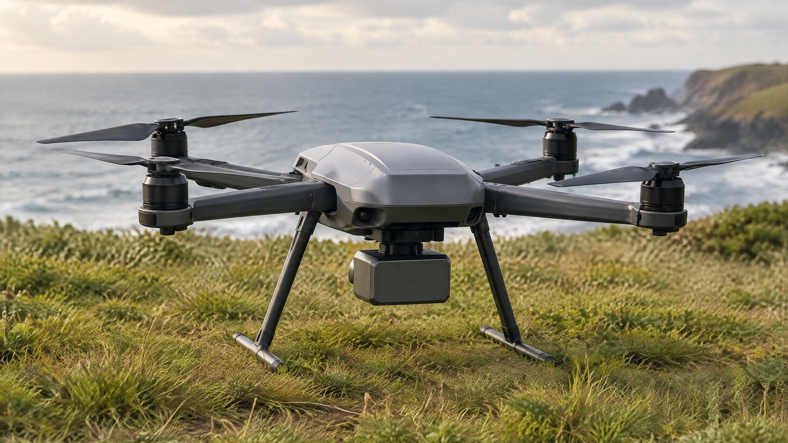 AI-generated illustration of a generic civilian drone above varied ground, not a named product or actual inspection.