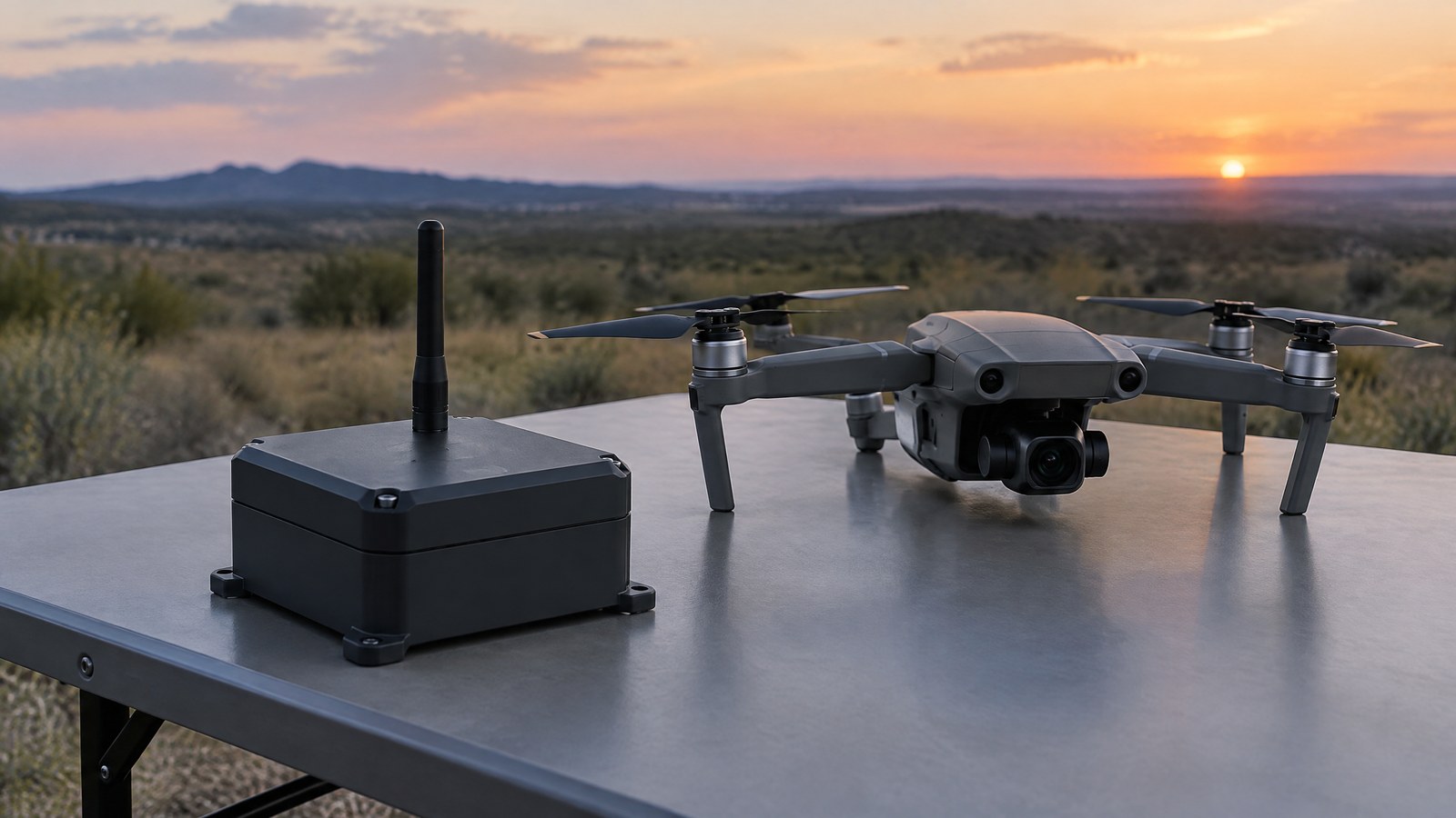 AI-generated editorial illustration of generic civilian drone hardware with a location-broadcast concept, not a named product or real inspection.