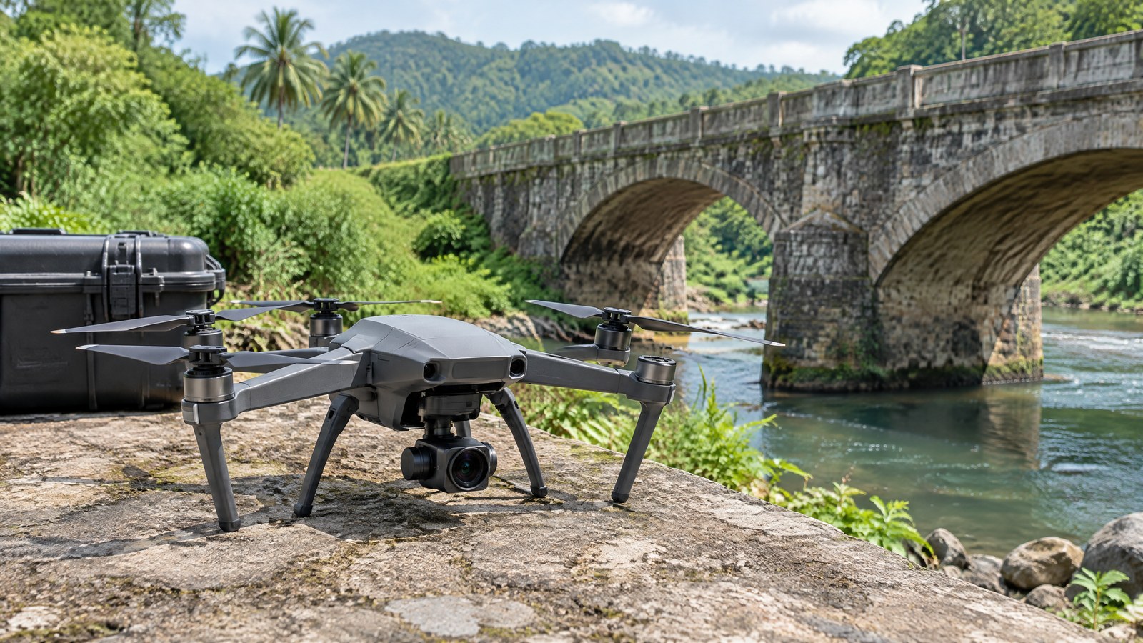 AI-generated generic illustration of a civilian drone with a visible-light mapping camera near an infrastructure site; not a photograph of a named product or real inspection.