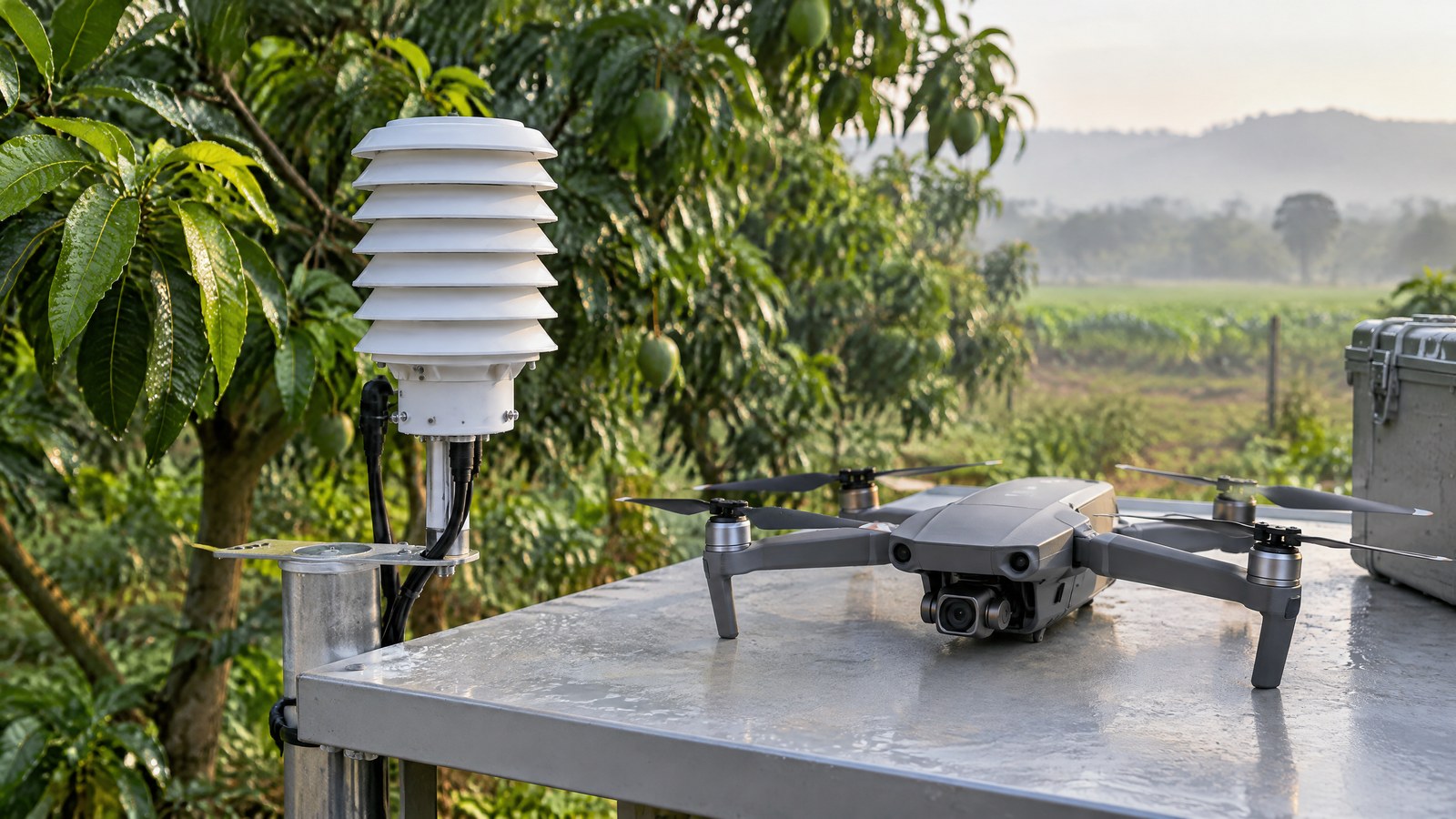 AI-generated editorial illustration of a generic civilian drone over vegetation, not a named product or real inspection.