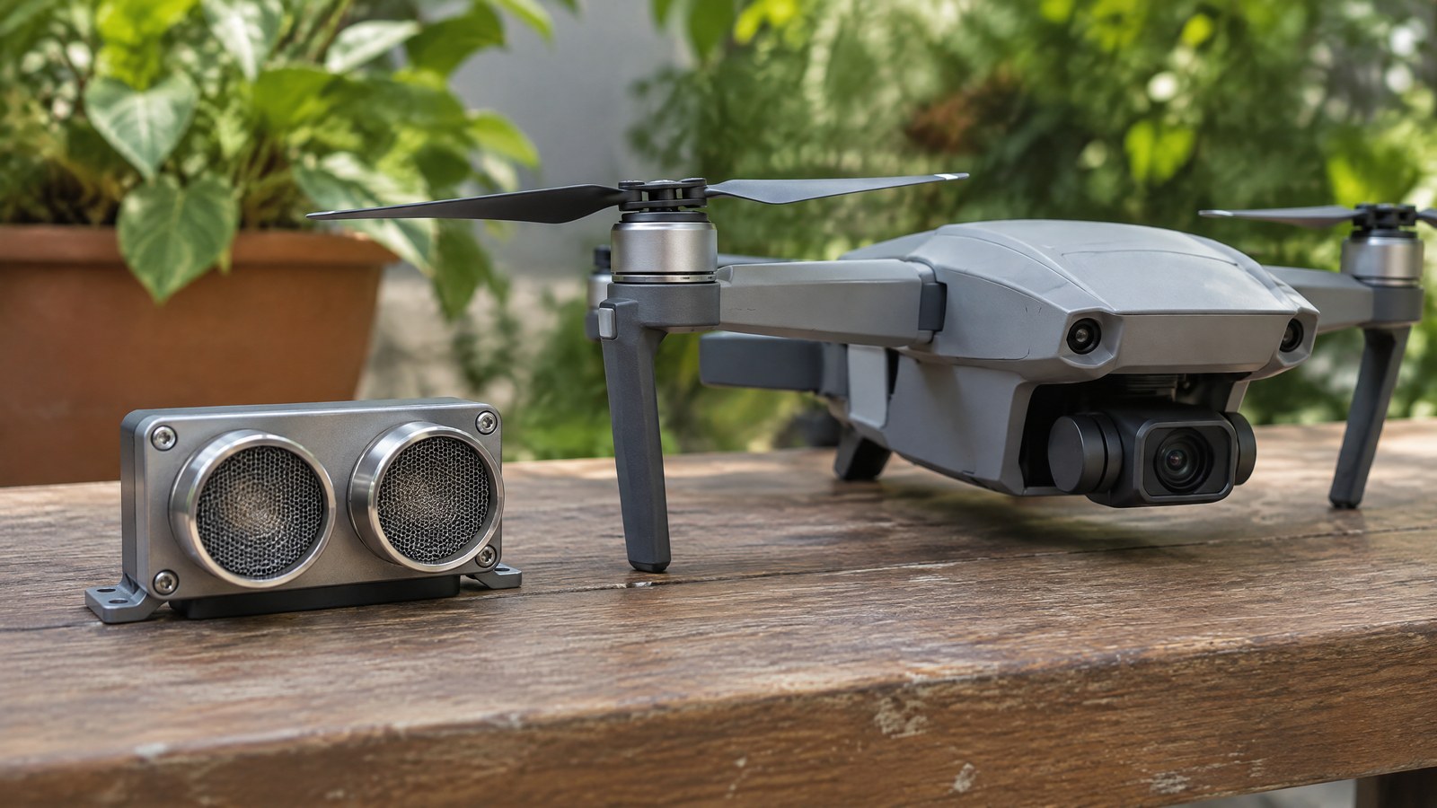 AI-generated illustration of generic civilian drone hardware beside an ultrasonic rangefinder; it is not a named product or real inspection.