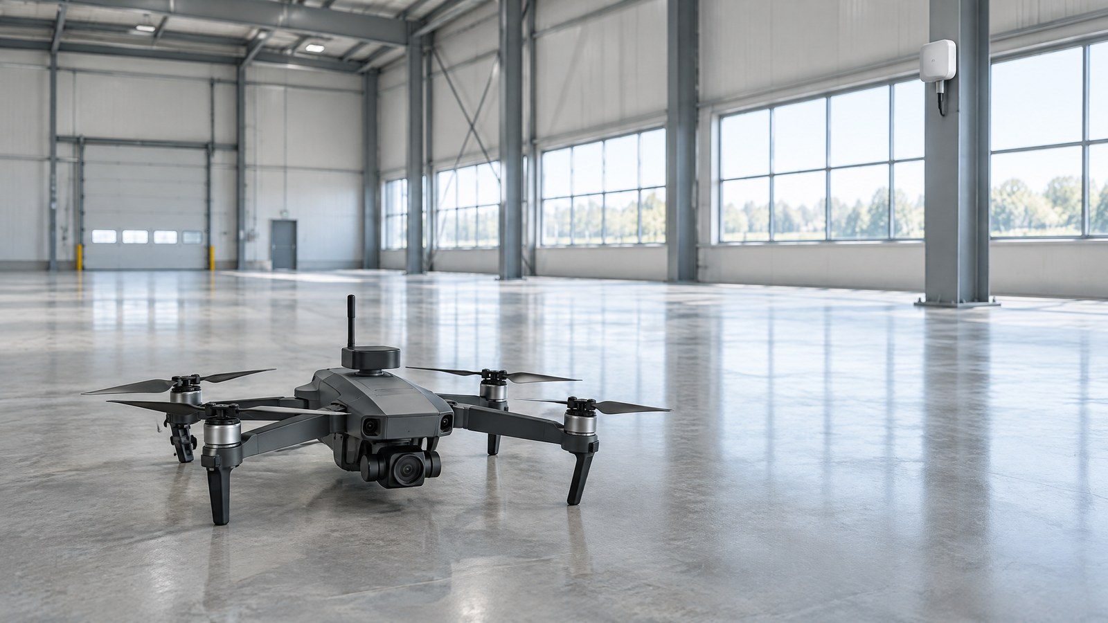 AI-generated editorial illustration of generic civilian drone hardware in an indoor inspection setting, not a named product or real inspection.