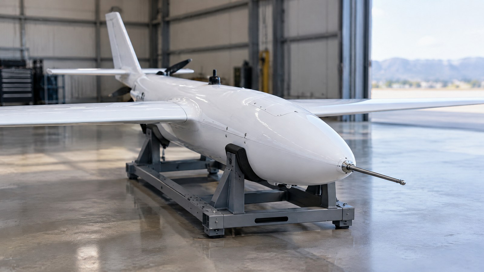AI-generated editorial illustration of generic civilian fixed-wing drone hardware with an airspeed probe; not a named product or an actual inspection.