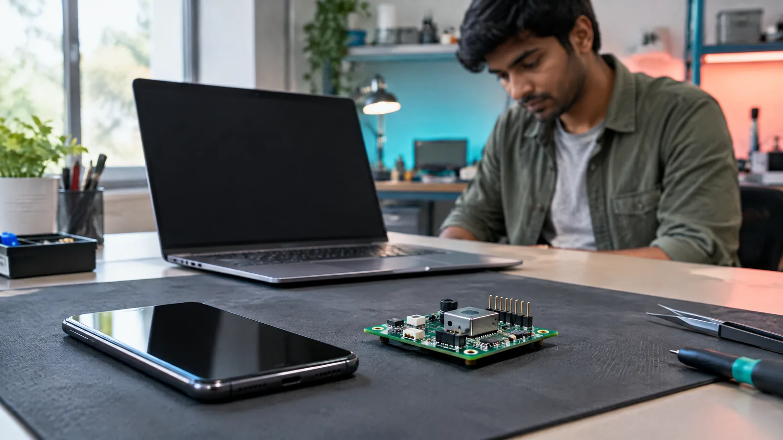 Illustration of a smartphone and sensor circuit board on an electronics workbench, with a laptop and engineer in the background.