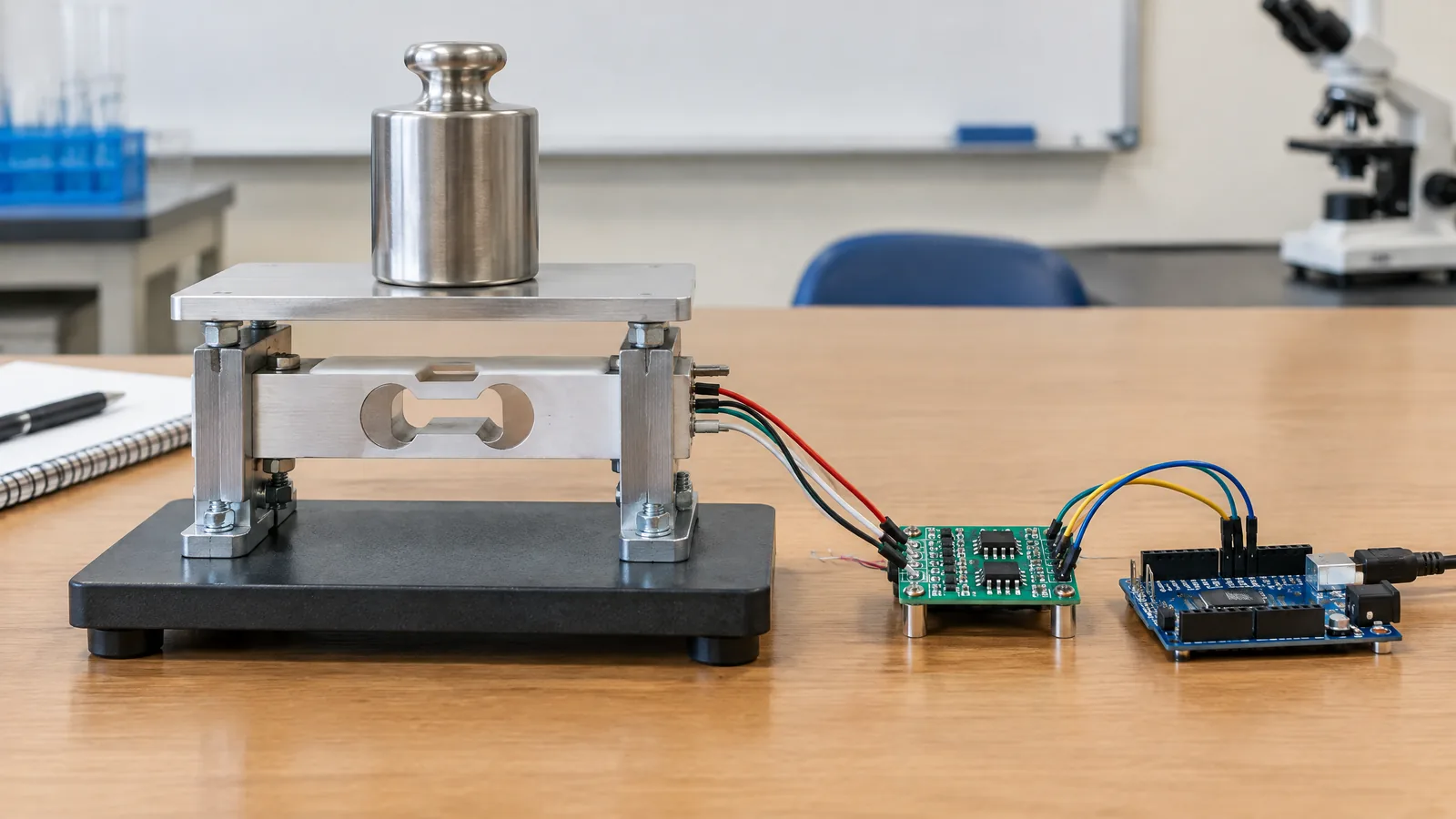 Illustrative AI-generated editorial scene showing Strain-gauge load cell with HX711 in a generic education context.