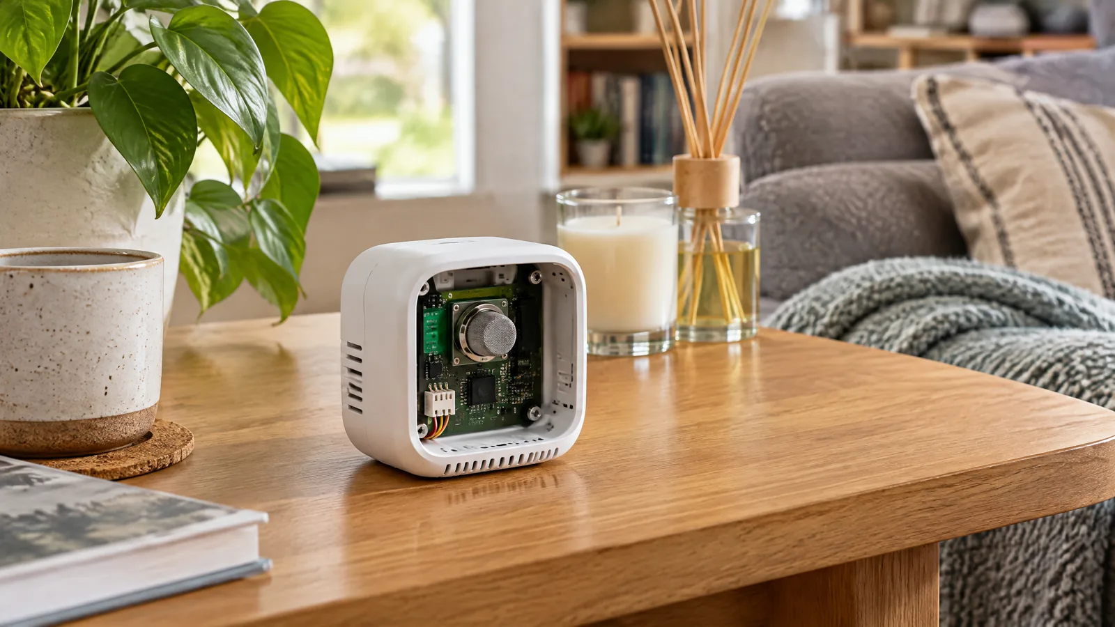 Illustrative AI-generated editorial scene showing VOC/indoor-air-quality gas sensor in a generic education context.