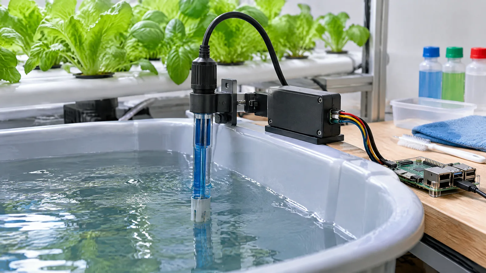 Illustrative AI-generated editorial scene showing pH probe with embedded interface circuit in a generic education context.