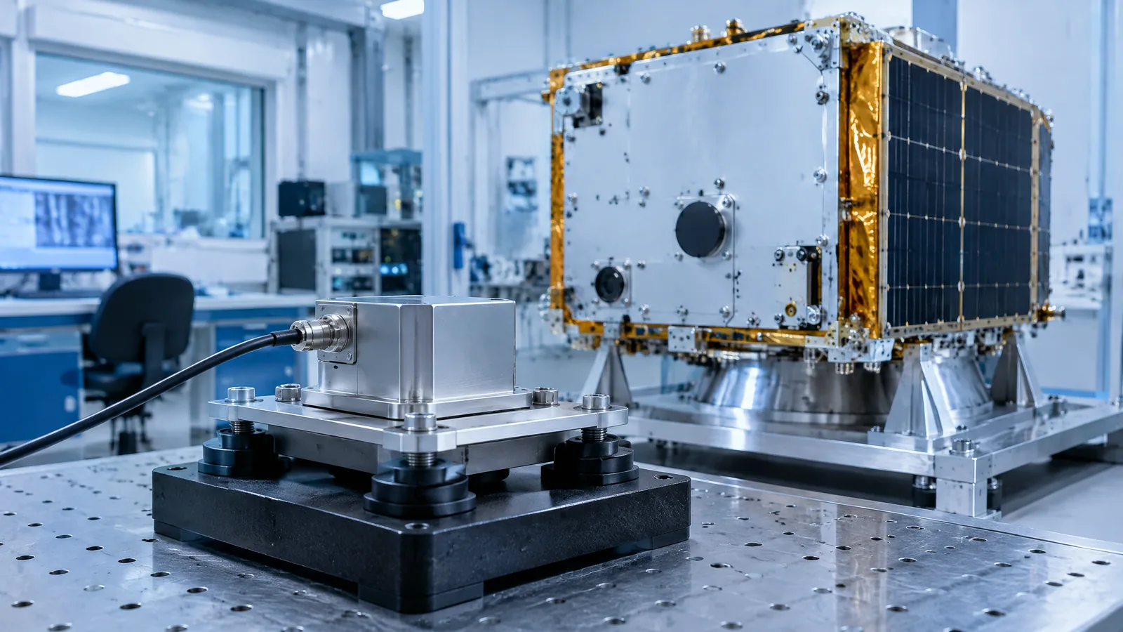 Illustrative AI-generated editorial scene showing Precision accelerometer for gravity missions in a generic education context.