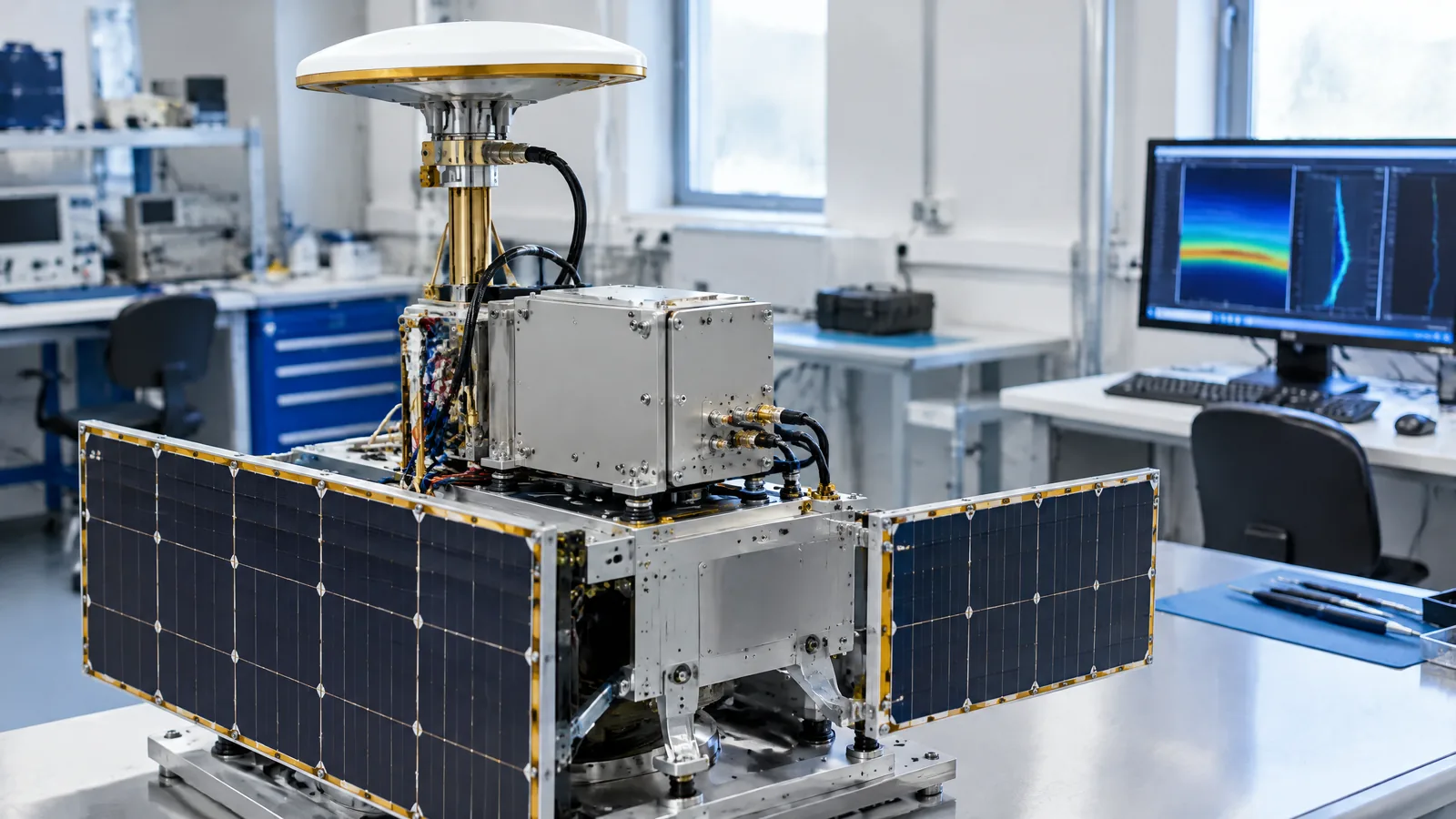 Illustrative AI-generated editorial scene showing GNSS radio-occultation receiver (GNSS-RO) in a generic education context.